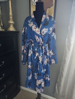 Blue Floral Satin Robe with Belt